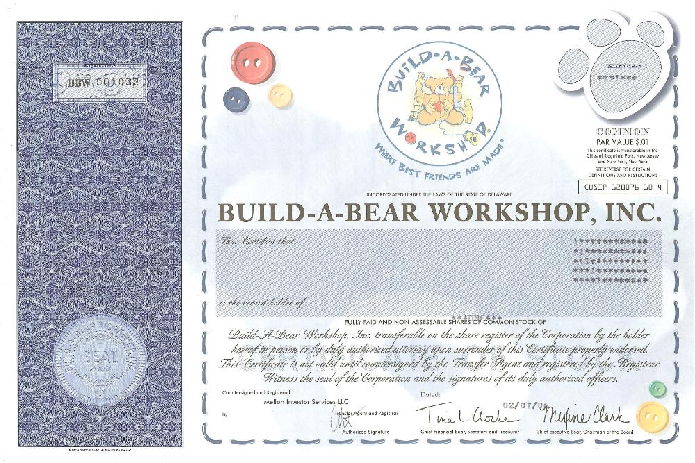 build-a-bear-workshop-stock-certificate